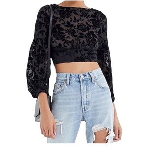 UO Lioness Eastside Velvet Crop Top Cut Out Back in Black XS